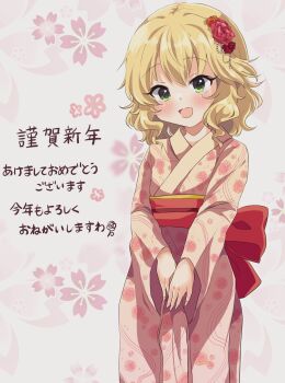 Rule 34 | 1girl, alternate costume, blonde hair, blush, chibi, commentary request, feet out of frame, floral print, floral print kimono, flower, green eyes, hair flower, hair ornament, highres, idolmaster, idolmaster cinderella girls, idolmaster cinderella girls u149, japanese clothes, kimono, looking at viewer, obi, open mouth, pink kimono, print kimono, remiri nicoeli, sakurai momoka, sash, short hair, standing, translation request