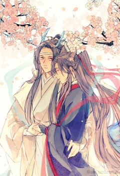 Rule 34 | 2boys, aki uzuzame, alternate hairstyle, animal ears, black hair, black hanfu, branch, cherry blossoms, chinese clothes, closed eyes, closed mouth, commentary request, couple, dragon boy, dragon horns, dragon tail, eastern dragon horns, eastern dragon tail, falling petals, flower, fox boy, fox ears, hagoromo, hair ribbon, half updo, hand on another's hip, hanfu, headband, highres, holding hands, horns, hug, kemonomimi mode, lan wangji, light particles, long hair, long sleeves, looking at another, male focus, modao zushi, multiple boys, petals, pink flower, ponytail, profile, red ribbon, ribbon, robe, shawl, sidelocks, smile, tail, topknot, twitter username, very long hair, watermark, wei wuxian, white hanfu, white headband, wide sleeves, yaoi, yellow eyes