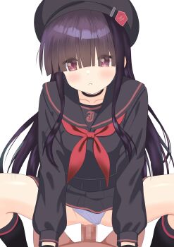 1girl absurdres beret black_hair blue_archive censored clothed_sex collarbone cowgirl_position eyes_visible_through_hair girl_on_top hair_ornament hat hetero highres justice_task_force_member_(blue_archive) long_hair mosaic_censoring myapanpan penis pov red_eyes school_uniform sex simple_background solo straddling vaginal white_background