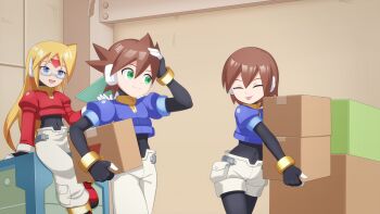 1girl 2boys absurdres aile_(mega_man_zx) black_bodysuit blonde_hair blue_jacket bodysuit box brother_and_sister brown_hair closed_mouth girouette_(mega_man) glasses green_eyes highres holding holding_box jacket jwc_vevo long_hair mega_man_(series) mega_man_zx multiple_boys open_mouth pants red_jacket robot_ears semi-rimless_eyewear short_hair shorts siblings sitting tongue tongue_out under-rim_eyewear vent_(mega_man) walking white_pants white_shorts