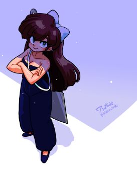 1girl bare_shoulders blue_shoes bow breasts brown_hair cleavage closed_mouth collarbone crossed_arms full_body green_eyes hair_bow highres kuonji_ukyou ranma_1/2 shoes signature smile solo spatula straight_hair tagme wanta_(futoshi) white_background white_bow