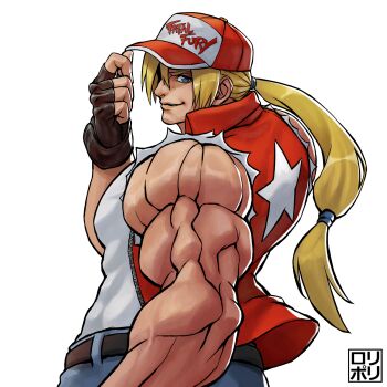 1boy adjusting_clothes adjusting_headwear baseball_cap belt black_belt black_gloves blonde_hair blue_eyes blue_pants denim fatal_fury fatal_fury_cap fingerless_gloves gloves hair_between_eyes hat highres jacket jamrolypoly jeans long_hair looking_at_viewer male_focus muscular muscular_male pants ponytail red_jacket shirt simple_background sleeveless sleeveless_jacket sleeveless_shirt smile solo terry_bogard the_king_of_fighters the_king_of_fighters_xv white_background white_shirt