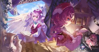 Rule 34 | 1girl, absurdres, aqua eyes, bad id, bad pixiv id, barefoot, beret, book, dress, drill hair, full body, hair between eyes, hat, highres, holding, holding book, honkai: star rail, honkai (series), hyacine (honkai: star rail), long hair, long sleeves, multiple views, nanjonyanya, open book, open mouth, pink hair, profile, puffy long sleeves, puffy sleeves, red dress, red hat, sitting, smile, twin drills, upper body, water, white sleeves