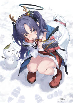 1girl alternate_costume antlers black_halo blue_archive blush boots box breasts cleavage commentary_request dress fake_horns fur_collar fur_trim gift gift_box gloves hairband halo head_rest highres holding holding_box horn_hairband horns jacket long_hair looking_at_viewer maki_(maki_pei) one_eye_closed open_clothes open_jacket outdoors purple_eyes purple_hair red_boots red_dress red_gloves red_ribbon reindeer_antlers ribbon santa_costume santa_dress snow solo squatting two_side_up white_jacket yuuka_(blue_archive)
