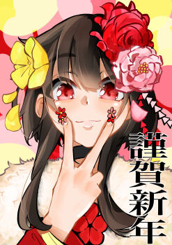 1girl abstract_background absurdres alternate_costume black_choker black_hair choker closed_mouth commentary_request flower fur-trimmed_kimono fur_trim hair_flower hair_ornament hand_up happy_new_year highres japanese_clothes kimono kono_subarashii_sekai_ni_shukufuku_wo! long_sleeves looking_at_viewer megumin new_year red_eyes senrihinzk short_hair_with_long_locks solo straight-on upper_body v v_over_mouth