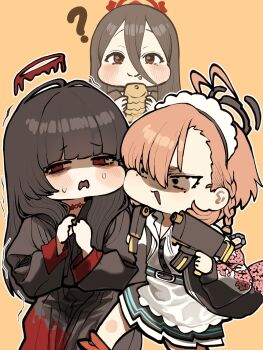 3girls ? absurdres ahoge apron black_hair blood blood_halo blue_archive braid cheek-to-cheek cheek_bulge cheek_press chroong eating food gun hair_between_eyes halo hasumi_(blue_archive) heads_together highres holding holding_gun holding_weapon huge_ahoge jacket liquid_halo long_hair maid_apron maid_headdress melting_halo multiple_girls neru_(blue_archive) open_mouth orange_background orange_hair red_eyes red_halo school_uniform serafuku side_braid submachine_gun sukajan taiyaki trembling tsurugi_(blue_archive) wagashi weapon