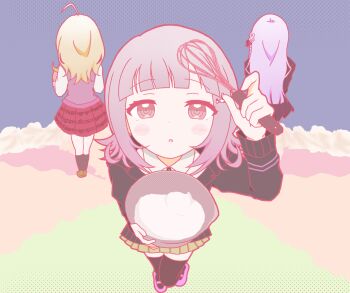 Rule 34 | 3girls, :o, akamatsu kaede, black jacket, black ribbon, black shirt, blush, braid, brown skirt, collared shirt, commentary request, danganronpa: trigger happy havoc, danganronpa (series), danganronpa 2: goodbye despair, danganronpa v3: killing harmony, derivative work, flipped hair, hair ornament, hair ribbon, happy mille-feuille (idolmaster), holding, idolmaster, jacket, kirigiri kyoko, long hair, long sleeves, medium hair, misa (usaginosakura), multiple girls, musical note, musical note print, nanami chiaki, neck ribbon, parody, pink eyes, pink ribbon, pink sweater vest, pleated skirt, red skirt, ribbon, shirt, side braid, skirt, smile, standing, sweater vest, two-tone shirt, white shirt