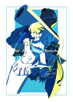 1boy absurdres apron aqua_background ascot barbaracle blastoise blonde_hair blue_ascot border buttons carracosta cccacademia character_name clawitzer floatzel gen_1_pokemon gen_2_pokemon gen_4_pokemon gen_5_pokemon gen_6_pokemon hand_on_own_hip high_collar highres jacket looking_down male_focus mega_blastoise mega_pokemon mixed-language_commentary nintendo octillery open_mouth pokemon pokemon_(creature) pokemon_xy short_hair siebold_(pokemon) signature smile waist_apron white_apron white_border white_jacket