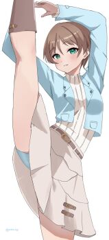 1girl amano_lier bike_shorts bike_shorts_under_skirt blue_jacket blue_shorts blush brown_hair commentary_request cowboy_shot frilled_skirt frills green_eyes grey_skirt grin harumiya_yukuri highres ikizulive!_love_live!_bluebird jacket layered_skirt long_sleeves looking_at_viewer love_live! miniskirt open_clothes open_jacket pocket short_hair shorts shorts_under_skirt simple_background skirt smile solo split standing standing_on_one_leg standing_split sweater twitter_username white_background white_sweater