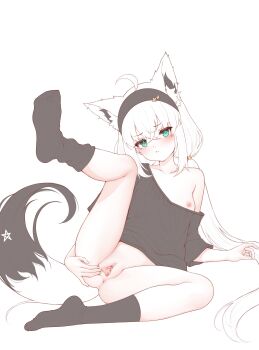 1girl absurdres animal_ears aqua_eyes black_hairband black_shirt black_socks breasts clitoris commentary double-parted_bangs extra_ears fox_ears fox_girl fox_tail hair_between_eyes hairband highres hololive honon leg_up long_hair looking_at_viewer low_twintails naked_shirt nipples no_shoes pentagram pout presenting_pussy pussy shirakami_fubuki shirakami_fubuki_(loungewear) shirt simple_background single_off_shoulder sitting small_breasts socks solo spread_pussy t-shirt tail twintails uncensored virtual_youtuber white_background white_hair