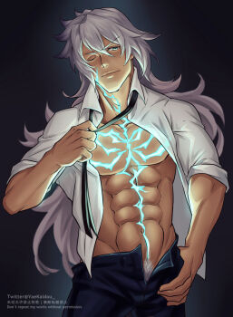 1boy abs alternate_costume bara bare_pectorals black_necktie body_markings casual come_hither dark-skinned_male dark_skin fate/apocrypha fate/grand_order fate_(series) green_eyes grey_hair highres long_hair looking_at_viewer loose_necktie male_focus male_pubic_hair muscular muscular_male navel necktie one_eye_closed open_fly pectorals pubic_hair pubic_hair_peek salaryman seductive_smile siegfried_(fate) sleeves_rolled_up smile smirk solo stomach undressing yaekaidou