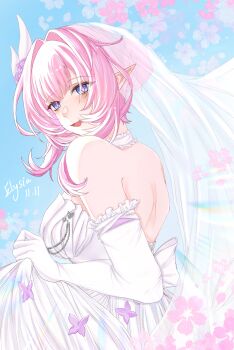 1girl bare_shoulders blue_eyes blue_sky breasts bridal_veil bride character_name chinese_commentary commentary_request dated dress elbow_gloves elf elysia_(honkai_impact) fogfanwu gloves highres honkai_(series) honkai_impact_3rd large_breasts open_mouth pink_hair pointy_ears short_hair sky solo veil wedding_dress white_dress white_gloves