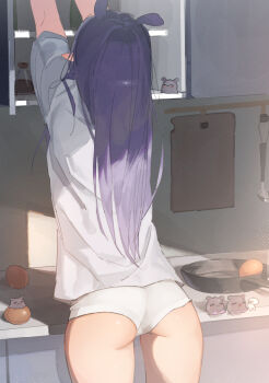 1girl absurdres arms_up ass chocosong commentary_request cutting_board day egg facing_away from_behind frying_pan highres hololive hololive_english indoors kitchen ladle long_hair ninomae_ina&#039;nis no_pants outstretched_arms panties pointy_ears purple_hair reaching shirt solo t-shirt takodachi_(ninomae_ina&#039;nis) underwear virtual_youtuber white_panties white_shirt
