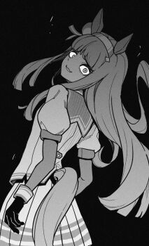 1girl animal_ears blunt_bangs commentary_request crazy dark_background gloves hair_ornament headband hime_cut horse_ears horse_girl horse_tail kimihitsuji looking_at_viewer open_mouth silence_suzuka_(innocent_silence)_(umamusume) silence_suzuka_(umamusume) simple_background solo tail umamusume yandere