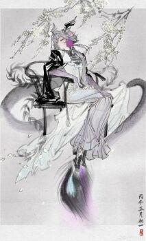 Rule 34 | 1girl, :o, absurdres, arknights, arm tattoo, artist name, banban (vvvviiiiiia), black horns, black shoes, chair, chinese commentary, commentary, dated, dragon horns, dragon tail, dress, earrings, eastern dragon horns, eastern dragon tail, eyelashes, fur-trimmed jacket, fur trim, half-closed eyes, hand on lap, hand tattoo, high heels, highres, horns, ink wash painting, jacket, jacket on shoulders, jewelry, jun (arknights), low ponytail, official artist extra, on chair, parted lips, peacock feathers, plant, pointy ears, pom pom (clothes), pom pom earrings, ponytail, profile, purple hair, purple tattoo, shoes, sitting, solo, tail, tattoo, untranslatable commentary, very long tail, watermark, weibo username, weibo watermark, white dress