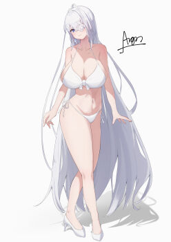 1girl absurdres argar_demo azur_lane bikini blue_eyes blush breasts closed_mouth collarbone earrings emden_(azur_lane) eyelashes fingernails flower glint hair_between_eyes high_heels highres huge_breasts jewelry long_hair mixed-language_commentary navel one_eye_covered shoes side-tie_bikini_bottom signature simple_background smile solo stomach swimsuit very_long_hair white_background white_bikini white_flower white_hair white_shoes
