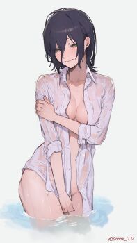 1girl absurdres black_hair breasts chainsaw_man commentary green_eyes hair_between_eyes highres long_hair_between_eyes looking_at_viewer medium_breasts medium_hair naked_shirt open_clothes open_shirt reze_(chainsaw_man) shirt simple_background sooon twitter_username wet wet_clothes wet_hair wet_shirt white_shirt