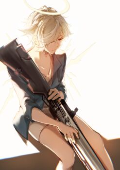 1boy absurdres anz1105 arknights assault_rifle backlighting between_legs blue_jacket chinese_commentary closed_mouth collarbone energy_wings enforcer_(arknights) gun hair_flaps hair_over_one_eye halo highres holding holding_gun holding_weapon jacket lapels male_focus notched_lapels open_clothes open_jacket purple_eyes rifle shirt short_hair short_shorts shorts sideways_glance simple_background sitting sleeve_cuffs smile solo three-quarter_sleeves traditional_halo v-neck weapon weapon_between_legs white_background white_shirt white_shorts