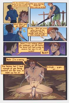 2boys alex_(stardew_valley) apologizing armpit_hair barn bdsm farm farmer farming highres male_focus milking milking_machine multiple_boys muscular muscular_male punishment stardew_valley yaoi