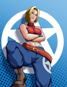 1girl blonde_hair blue_eyes blue_mary breasts codec111 codec_111 female_focus huge_breasts large_breasts pale_skin pants short_hair star_(symbol) the_king_of_fighters thick_thighs thighs wide_hips