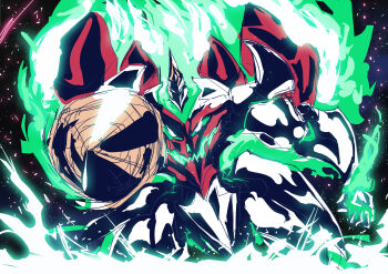 armor aura bloom crossover disembodied_head drill drill_hand energy evil_grin evil_smile extra_eyes extra_faces facing_viewer fire fusion getter_emperor getter_rays getter_robo glowing green_eyes green_fire green_light grin highres light_particles mecha multicolored_armor portrait red_armor robot sharp_teeth shin_getter_robo sketch smile space spiral_power super_robot teeth tengen_toppa_gurren-lagann_(mecha) tengen_toppa_gurren_lagann waaka_horror white_armor