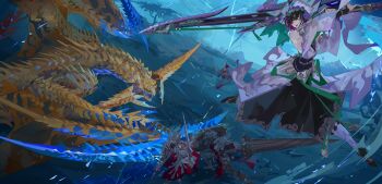 Rule 34 | 1girl, 3others, absurdres, armor, bow (weapon), character request, dragon, dress, fighting, full armor, gold scales, greatsword, highres, hirabami (armor), holding, holding polearm, holding shield, holding weapon, horns, lance, monster, monster hunter (series), monster hunter wilds, multiple others, nslacka, open mouth, original, polearm, rey dau, scales, shield, spiked wings, sword, teeth, weapon, wyvern