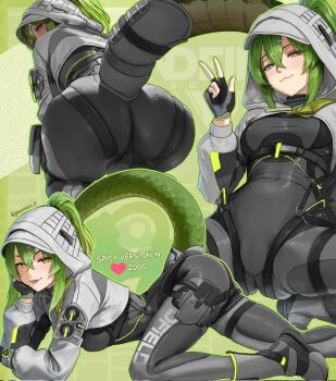 1girl arknights arknights:_endfield ass blush bodysuit commentary crocodile_girl crocodilian_tail dgkamikaze english_commentary fingerless_gloves fluorite_(arknights) gloves green_eyes green_hair hair_between_eyes high_ponytail highres hood hooded_shrug long_hair looking_back ponytail shrug_(clothing) solo tail v