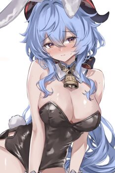 1girl alternate_costume animal_ears bare_shoulders bell black_leotard blue_hair blush breasts cleavage closed_mouth cobra_(cobra_63) commentary covered_navel cowbell curvy fake_animal_ears fake_tail ganyu_(genshin_impact) genshin_impact goat_horns hair_between_eyes highres horns large_breasts leotard long_hair looking_at_viewer neck_bell playboy_bunny purple_eyes rabbit_ears rabbit_tail simple_background solo strapless strapless_leotard symbol-only_commentary tail thick_thighs thighs very_long_hair white_background