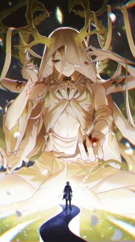 1boy 1other amedan androgynous antlers armlet black_coat black_eyes black_footwear black_pants blonde_hair body_markings caelus_(honkai:_star_rail) coat collar detached_sleeves extra_arms facial_mark falling_petals fingernails flower full_body gem giant giving glowing gold_collar grass grey_hair hair_between_eyes hands_up highres holding honkai:_star_rail honkai_(series) horns indian_style jewelry long_bangs long_hair long_sleeves looking_at_another midriff motion_blur one_eye_covered pants path pearl_(gemstone) petals plant ribbon road robe sharp_fingernails short_hair sitting sky sleeveless sleeves_rolled_up smile star_(sky) starry_sky tassel thorns trailblazer_(honkai:_star_rail) tree_horns veil vines white_flower white_robe yaoshi_(honkai:_star_rail) yellow_nails