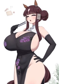 Rule 34 | 1girl, absurdres, alternate costume, animal ears, bare shoulders, black dress, black gloves, breasts, brown hair, china dress, chinese clothes, cleavage, commentary request, cowboy shot, dress, ear covers, elbow gloves, floral print, floral print dress, folding fan, gloves, hair bun, hand fan, hand on own hip, highres, holding, holding fan, horse ears, horse girl, horse tail, huge breasts, looking at viewer, lucky lilac (umamusume), mixed-language commentary, multicolored hair, noe (ppppriver), open mouth, print dress, sideboob, sidelocks, simple background, single hair bun, single side bun, sleeveless, sleeveless dress, solo, streaked hair, tail, thighs, umamusume, white background, white streaks, wide hips