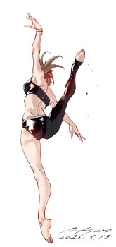 1girl arm_up ass asymmetrical_clothes back barefoot brown_hair crop_top exercising facing_away from_behind full_body highres jumping nabipenciller original ponytail simple_background single_pantsleg solo split stirrup_legwear toeless_legwear white_background