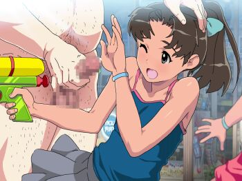 1boy 1girl age_difference animated animated_gif bare_arms bare_shoulders bukkake censored clothed_female_nude_male copyright_request cum cum_on_body cum_on_upper_body facial fat fat_man grey_eyes grey_skirt hand_on_head high_ponytail loli miniskirt mosaic_censoring nighthawk_(circle) nude outdoors penis ponytail skirt smile solo_focus tan testicles time_stop water_gun