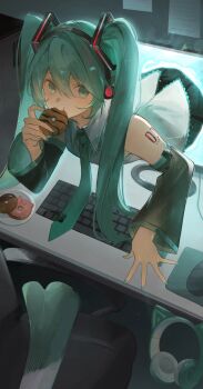 1girl absurdres animal_ear_headphones animal_ears aqua_eyes aqua_hair black_skirt cat_ear_headphones cat_ears chair collared_shirt computer computer_keyboard desk donut eating fake_animal_ears food food-themed_pillow hair_between_eyes hand_up hatsune_miku headphones highres holding holding_donut holding_food indoors long_hair looking_at_viewer monitor mouse_ears office_chair plate red_tattoo shirt shoulder_tattoo skirt solo spring_onion swivel_chair tablet_pc tattoo through_medium through_screen twintails unworn_headphones vocaloid white_shirt wing_collar yukihira_makoto