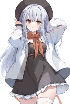 1girl beret black_dress black_hat brown_eyes brown_neckerchief commission cowboy_shot dress etoria frilled_dress frills grey_hair hands_up hat highres jacket long_hair long_sleeves neckerchief open_clothes open_jacket original simple_background skeb_commission solo thigh_strap white_background white_jacket
