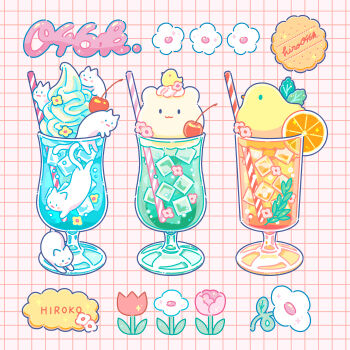 animal_ears artist_name cat cherry commentary_request cookie cup drinking_straw flower food food_focus fruit grid_background highres hiro046k ice_cream ice_cream_float in_container in_cup melon_soda orange_(fruit) orange_slice original pink_background pink_flower red_flower smile soda sweets tulip twitter_username whipped_cream white_cat white_flower