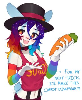 1girl animal_ears bare_shoulders breasts brown_hat cleavage detached_sleeves ears_through_headwear english_text furry furry_female gloves hair_between_eyes hat highres large_breasts multicolored_hair navel original rabbit_ears rabbit_tail rainbow_hair rainbow_print red_eyes red_shirt shirt shorts simple_background solo star-shaped_pupils star_(symbol) suspender_shorts suspenders symbol-shaped_pupils tail top_hat white_background white_gloves yoako