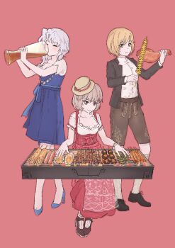 3girls :t ^_^ alcohol alternate_costume beer beer_mug black_jacket blonde_hair blue_dress blush breasts brown_hair brown_pants chicken_(food) chicken_leg chinese_commentary cleavage closed_eyes collarbone commentary corn cup dirndl dress drinking eating food german_clothes grey_hair grill grilled_corn hat high_heels holding holding_food jacket kneehighs light_smile looking_at_viewer lunasa_prismriver lyrica_prismriver medium_breasts merlin_prismriver mini_hat mixed-language_commentary mug multiple_girls mushroom oktoberfest oyster pants pinafore_dress red_background red_dress sausage shirt shrimp siblings simple_background sisters sitting skewer sleeveless sleeveless_dress socks soulllimit standing tornado_potato touhou white_shirt white_socks
