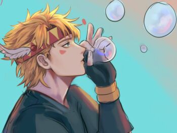 1boy battle_tendency black_gloves black_shirt blonde_hair blowing_bubbles bubble caesar_anthonio_zeppeli commentary english_commentary facial_mark fingerless_gloves gloves gradient_background green_eyes headband highres jojo_no_kimyou_na_bouken kookirani male_focus red_headband shirt short_hair solo