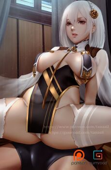 1boy 1girl arm_support artist_name azur_lane between_breasts bike_shorts braid breast_curtains breasts breasts_apart bulge cape commentary crown_braid curtains english_commentary flower gumroad_logo gumroad_username hair_flower hair_ornament hetero highres indoors large_breasts leaning_back lying on_back panties parted_lips patreon_logo patreon_username red_eyes red_lips revealing_clothes reverse_cowgirl_position see-through_clothes sex sherylnome short_hair silver_hair sirius_(azur_lane) sirius_(azure_horizons)_(azur_lane) solo_focus spread_legs straddling thighhighs thighs underwear v-shaped_eyebrows watermark web_address white_cape white_panties white_thighhighs window