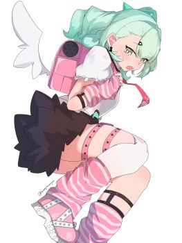 Rule 34 | 1girl, arm warmers, backpack, bag, black skirt, collared shirt, commentary request, earrings, foot out of frame, green eyes, green hair, hair ornament, hairclip, highres, jewelry, leg warmers, looking at viewer, musical note earrings, open mouth, pink bag, pink shoes, samejimamayu, shirt, shoes, short sleeves, simple background, single thighhigh, skirt, solo, striped arm warmers, striped leg warmers, sunna (zenless zone zero), sweatdrop, thighhighs, torn clothes, torn thighhighs, twitter username, white background, white shirt, white thighhighs, winged bag, zenless zone zero