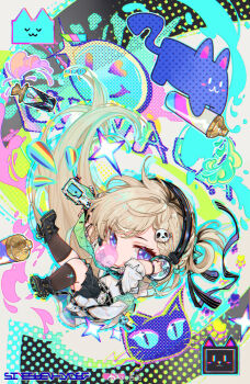 1girl aqua_necktie arm_up black_shoes black_skirt black_socks blonde_hair blowing_bubble_gum blue_pupils braid braided_bangs breasts chewing_gum chibi chibi_only chromatic_aberration diudou floating_hair graffiti hair_floating_upwards hair_ornament headphones highres holding id_card jacket long_hair looking_at_viewer lynae_(wuthering_waves) medium_breasts missing_commentary multicolored_hair necktie purple_eyes shirt shoes skirt skull_hair_ornament socks solo spray_can streaked_hair white_jacket white_shirt wuthering_waves