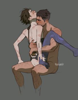 2boys arcane:_league_of_legends arcane_jayce arm_hair arm_support arms_around_waist ass back_brace blue_skin blush brown_hair colored_skin commentary completely_nude couple dark-skinned_male dark_skin english_commentary grey_background hairy head_back highres jayce_(league_of_legends) league_of_legends leg_hair male_focus multiple_boys nude scar scars_all_over short_hair sideburns simple_background sitting sitting_on_lap sitting_on_person thick_eyebrows too_many treslech3s twitter_username viktor_(arcane) viktor_(league_of_legends) yaoi