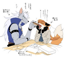 Rule 34 | 1boy, 1girl, absurdres, animal ears, ascot, blue eyes, blue jumpsuit, blue sclera, blush, body fur, brown jacket, claws, collared jumpsuit, colored sclera, feeding, fox ears, fox girl, fox tail, furry, furry female, furry male, grey fur, grin, hand up, hands on own face, head rest, hetero, high collar, highres, interspecies, jacket, jumpsuit, long hair, long sleeves, looking at another, orange fur, orange hair, original, precure, rata (norahasu), sharp teeth, simple background, sleeveless jumpsuit, smile, smile precure!, studded bracelet, table, tail, tail wagging, teeth, translation request, upper body, white background, white hair, wolf boy, wolf ears, wolfrun