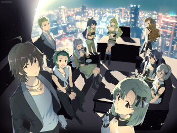 Rule 34 | 3boys, 6+girls, ahoge, amagase touma, artist name, blonde hair, bow, brown hair, cityscape, commentary, cup, ganaha hibiki, green hair, hair bow, highres, hoshii miki, idol, idolmaster, idolmaster (classic), idolmaster side-m, ijuuin hokuto, jewelry, jupiter (idolmaster), mintpmintp, mitarai shouta, multiple boys, multiple girls, ponytail, shijou takane, shirt, skirt, smile, twintails