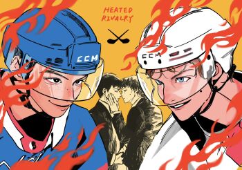 Rule 34 | 2boys, black hair, blonde hair, blue eyes, closed mouth, commentary, copyright name, english commentary, eye contact, fire, formal clothes, freckles, heated rivalry, helmet, highres, hockey helmet, hockey stick, hockey sweater, ilya rozanov, imminent kiss, jacket, layered clothes, looking at another, male focus, mole, mole on cheek, multiple boys, multiple views, parted lips, shane hollander, smile, suit jacket, upper body, xiaoarts, yaoi, yellow background