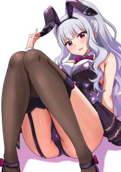 1girl absurdres animal_ears bare_shoulders black_leotard black_thighhighs blush bow bowtie breasts detached_collar fake_animal_ears garter_straps grey_hair highleg highleg_leotard highres idolmaster idolmaster_million_live! idolmaster_million_live!_theater_days knees_up large_breasts leotard looking_at_viewer mimiu_p playboy_bunny purple_eyes rabbit_ears shijou_takane simple_background solo strapless strapless_leotard thighhighs white_background wrist_cuffs