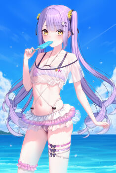 1girl absurdres bikini blue_sky cloud commentary cowboy_shot day dot_nose flat_chest food frilled_bikini frills hair_ornament hair_ribbon hairclip highres holding holding_food holding_popsicle jewelry looking_at_viewer nature navel nikichiho ocean off-shoulder_shirt off_shoulder outdoors popsicle purple_hair ribbon see-through_clothes see-through_tank_top shinomiya_runa shirt skindentation skirt sky solo standing stomach swimsuit tank_top thighlet tied_shirt twintails untranslatable_commentary virtual_youtuber vspo! x_hair_ornament yellow_eyes