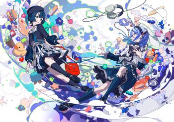 Rule 34 | 2girls, bandaid, bandaid on face, blue eyes, blue hair, ciel (kamitsubaki studio), commentary request, dress, full body, hair ornament, hairclip, highres, kamitsubaki studio, medium hair, multiple girls, ritao kamo, sinsekai record, sooda (sinsekai), virtual youtuber