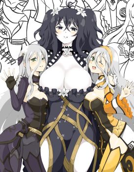 3girls ahoge ajikeneko black_eyes black_hair breasts cleavage commentary fingerless_gloves flower fubuki_(senran_kagura) gekkou_(senran_kagura) gloves green_eyes grey_hair hair_flower hair_ornament highres large_breasts lily_(flower) long_hair looking_at_viewer marvelous multiple_girls open_mouth pale_skin senkou_(senran_kagura) senran_kagura senran_kagura_new_link smile tearing_up two-tone_kimono unfinished waving wavy_hair white_flower