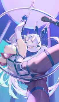 1girl absurdres ankle_cuffs arm_warmers azur_lane bdsm bondage bound breasts chain cuffs from_below gag gag_harness gagged gloves hair_intakes highres inverted_nipples kearsarge_(azur_lane) large_breasts leg_lift leotard long_hair looking_at_viewer no_shoes nose_hook pantyhose pink_hair playboy_bunny ponytail puffy_nipples pussy restrained ring_gag solo suspension tongue tongue_out very_long_hair white_hair white_leotard yuyou